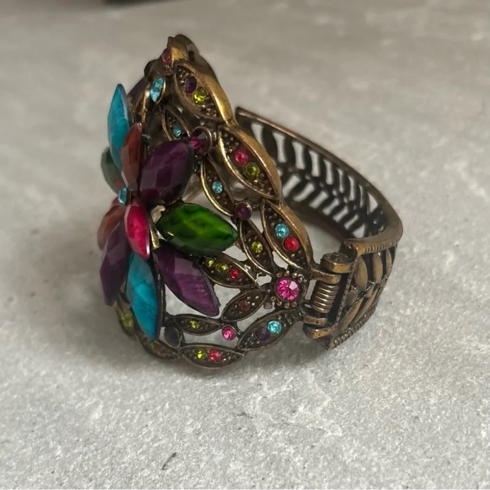 Jewel Flower Hinged Cuff Bracelet Multi-Colored Resin Stones Crystal Rhinestones